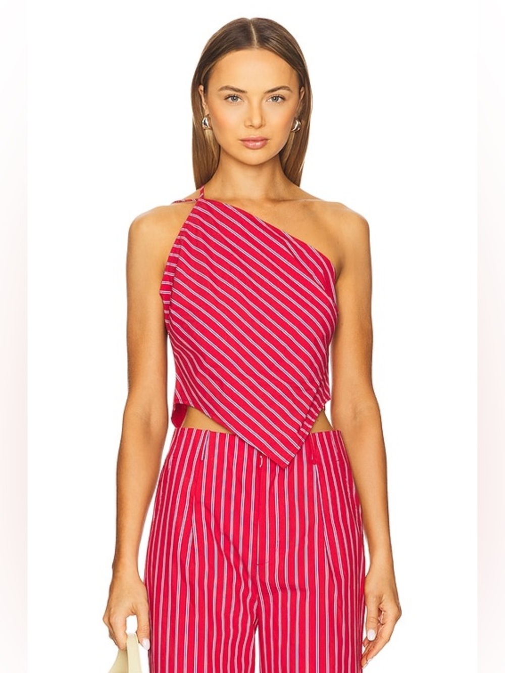Line & Dot Claudine Asymmetrical Pink Striped One-Shoulder Top Size Small